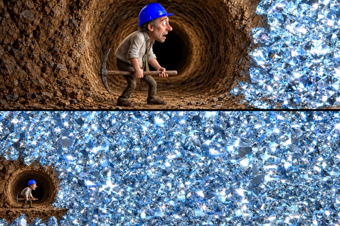 A cartoon miner with a blue hard hat and pickaxe stands inside a dirt tunnel that's suddenly surrounded by walls of sparkling diamonds. The image captures the thrilling moment of striking it rich, perfectly illustrating the post's triumphant "I can feel it" sentiment of anticipating an enormous, glittering discovery just beyond the rock.