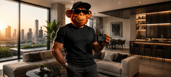 A muscular figure with a chimpanzee head wearing a black cap, sunglasses, and black t-shirt, holding a mug in a modern luxury apartment with a city skyline view.