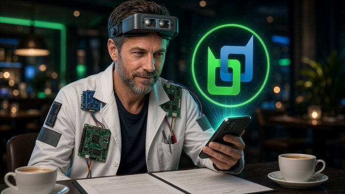 A man wearing a lab coat with circuit boards attached and AR glasses looks at a smartphone, with a glowing green and blue logo hovering beside him in what appears to be a tech or café setting.
