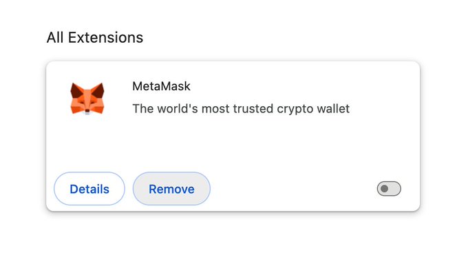 A browser extensions management panel showing the MetaMask extension listed as 'The world's most trusted crypto wallet' with options to view Details, Remove, or toggle the extension on/off.