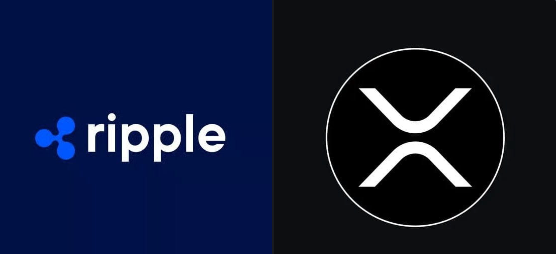The image displays the logos for Ripple (XRP) on a dark blue background and the XRP cryptocurrency logo in a white circle on a black background.