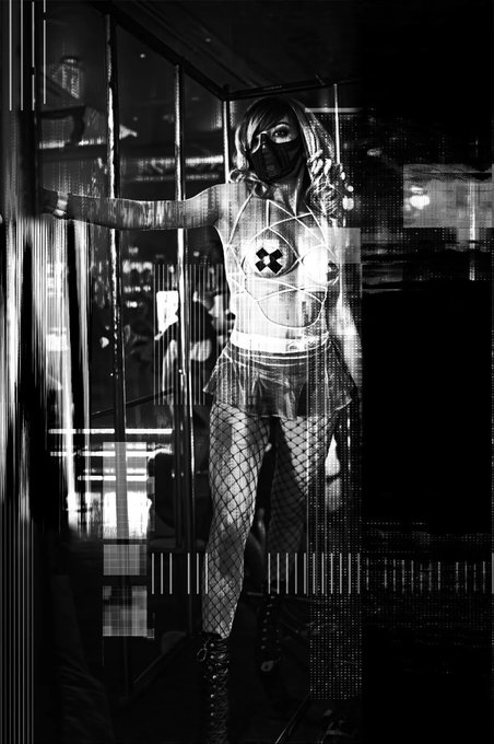 A black and white cyberpunk-style photo of a woman with blonde hair wearing a mask, fishnet stockings, and a top with an X design, standing in a futuristic, glitchy corridor.