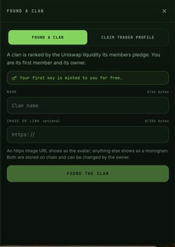 Screenshot of a 'FOUND A CLAN' interface with options to 'FOUND A CLAN' or 'CLAIM TRADERS PROFILE', including fields for Clan name and optional image URL link.