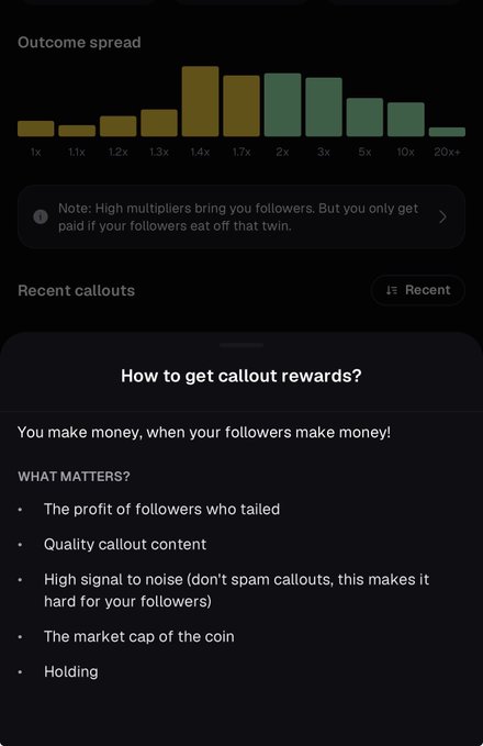 The image displays Pump Fun app callout reward information, showing an outcome spread bar chart with multipliers ranging from 1x to 20x+ and explaining that rewards are earned when followers profit from your callouts. Key factors listed include follower profits, callout quality, signal-to-noise ratio, market cap, and holding duration, with a note emphasizing that high multipliers attract followers but only paid out when followers earn.