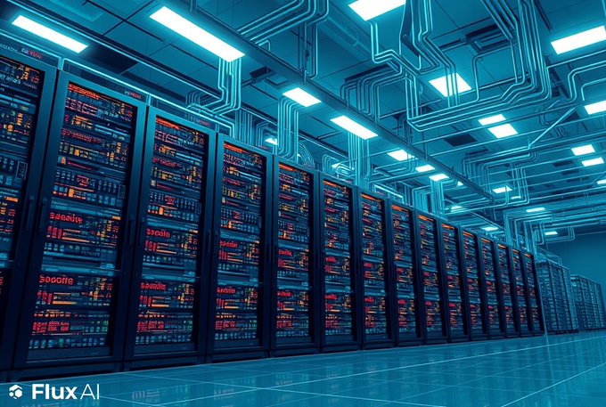 A futuristic server room lined with rows of illuminated server racks, branded with the "Flux AI" logo in the bottom left corner. The high-tech infrastructure visually reinforces the post's message about Flux's premium game server hosting, showcasing the powerful hardware that backs their all-inclusive features like DDoS protection, backups, and scalable resources.