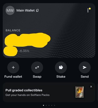 A cryptocurrency wallet app interface labeled 'MW Main Wallet' showing a balance (obscured in yellow), a 6.35% return rate, and buttons for Fund wallet, Swap, Stake, and Send.