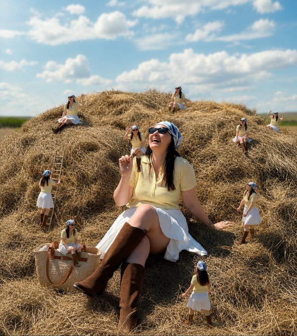 A surreal outdoor scene showing a woman in a yellow top, white skirt, sunglasses, and brown boots sitting on a large haystack, surrounded by miniature versions of herself climbing and sitting on the hay.