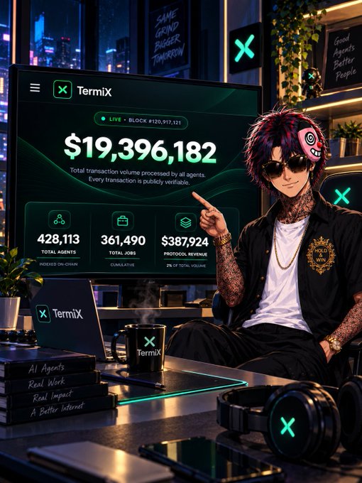An anime-style promotional image for 'TermiX' features a tattooed character with pink/black hair pointing at a dashboard displaying $19,396,182 in total transaction volume, 428,113 total agents, and 361,490 total jobs.