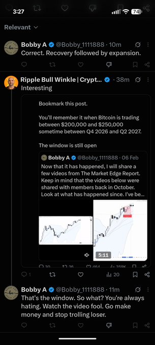 A screenshot of a Twitter/X thread showing Bobby A (@Bobby_1111888) debating Ripple Bull Winkle about Bitcoin price predictions, with Winkle sharing a video of Bobby claiming BTC would trade between $200,000-$250,000 "sometime between Q4 2026 and Q2 2027." Bobby responds dismissively, calling Winkle a "video fool" who should "go make money and stop trolling," while the caption mocks how Winkle keeps moving his Bitcoin price prediction goalposts despite previously urging followers to buy DOT at $4 as his largest buy.