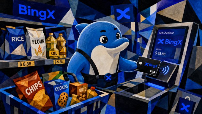 A cartoon dolphin mascot in an apron rings up groceries—Rice ($8.88), Flour, Oil ($5.88), Chips, Cookies, and Nuts—at a BingX self-checkout, swiping the BingX Visa card for a total of $88.88. The image illustrates the post's point about the BingX Card bridging crypto with everyday spending by showing crypto funds being used seamlessly in a normal retail setting.