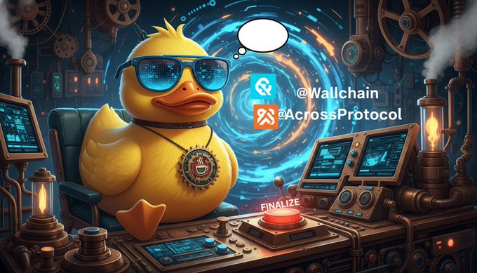 The image features a yellow duck sitting at a desk with a computer monitor behind him. The background of the image shows a machine surrounded by smoke, giving an impression that they are in a factory or industrial setting. There's also a speech bubble above the duck, which reads "@Wallchain @CrossProtocol fixed the speed but @AttentionFi is fixing the reward system". This suggests that the duck might be involved in some sort of technological project or innovation related to the @CrossProtocol and @Wallchain platforms.