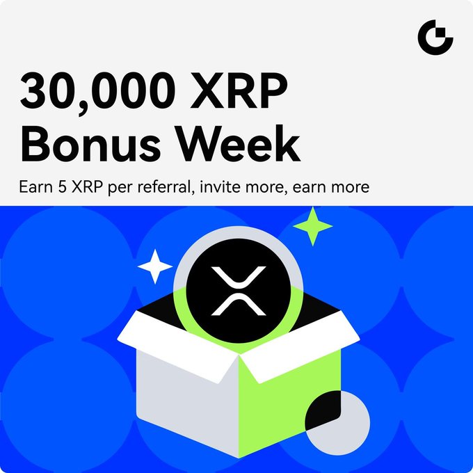 The promotional graphic features the text "30,000 XRP Bonus Week – Earn 5 XRP per referral, invite more, earn more" alongside an illustration of an open gift box with the XRP logo emerging from it on a blue sparkly background. The image visually reinforces the post's message about earning XRP bonuses through referrals during the promotional event.
