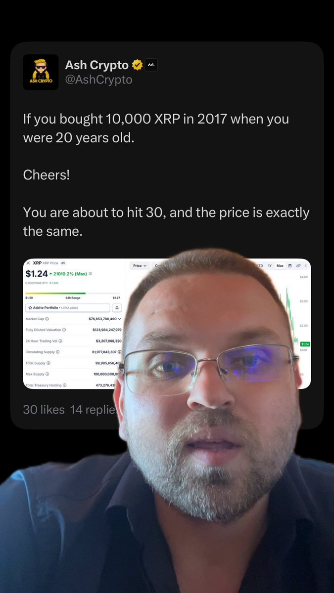 The image features a man wearing glasses with a beard and short hair, who appears surprised while making a video call or live streaming using his cell phone screen. The caption reads "You are about 30+ years old. Hurry up and buy XRP now. It's the same as in 2017." This statement indicates that the person is urging others to invest in cryptocurrencies like XRP at this moment, possibly referencing its past performance.