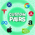 A logo for 'CUSTOM PAIRS' surrounded by various cryptocurrency and tech company icons including X, Coinbase, Apple, and Meta.