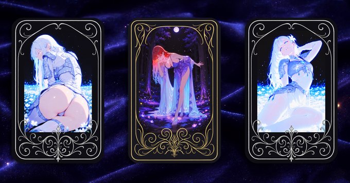 Three tarot-style cards depicting an anime-style woman with long flowing hair in ethereal blue and purple scenes, framed with ornate gold borders against a starry background.