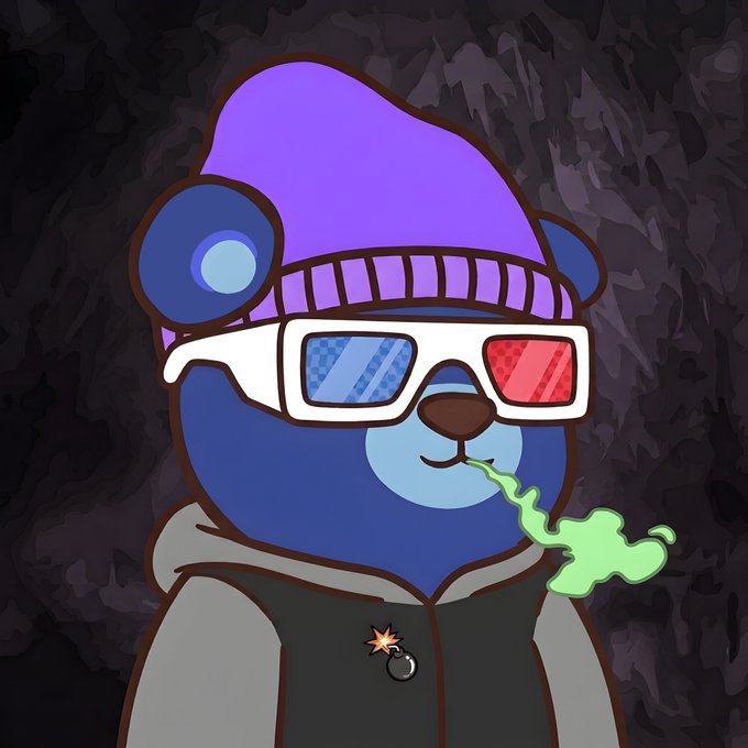 A cartoon illustration of a blue bear wearing a purple beanie, red-blue 3D glasses, and a dark hoodie with a crescent moon pendant, exhaling a green wisp of smoke against a dark textured background.