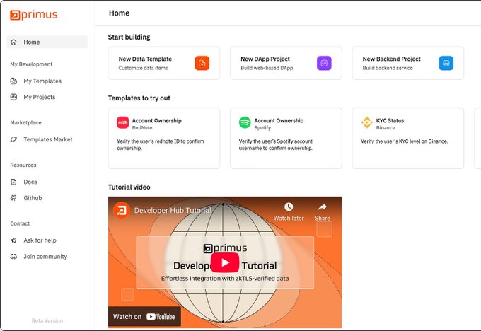 Screenshot of the Primus developer hub Home page, featuring options to start building with a New Data Template, New DApp Project, or New Backend Project, along with templates for RedNote Account Ownership, Spotify Account Ownership, and Binance KYC Status, plus a Developer Hub Tutorial video.