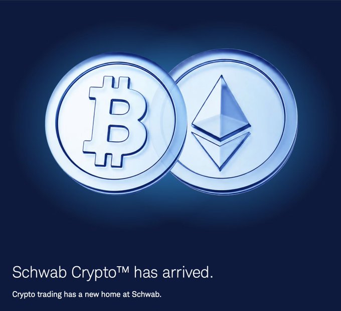 A promotional graphic for Schwab Crypto features stylized 3D-rendered Bitcoin and Ethereum coins against a dark blue background, with the text "Schwab Crypto™ has arrived. Crypto trading has a new home at Schwab." displayed below.

The image directly illustrates the announcement by showcasing the two cryptocurrencies now available for trading through Charles Schwab's retail platform.