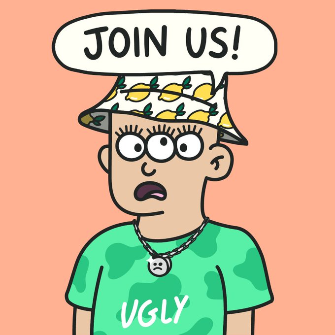 A cartoon illustration of a character with three eyes wearing a lemon-patterned bucket hat and a green camouflage shirt with 'UGLY' written on it, with a speech bubble saying 'JOIN US!'.