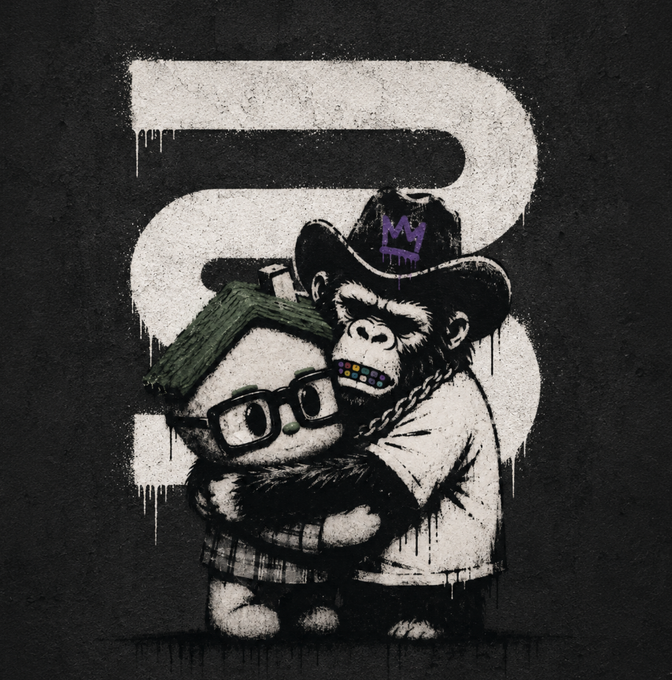 A gritty street-art style painting on a black background features a gorilla wearing a cowboy hat and gold teeth embracing a human character with green hair and glasses, with a purple crown logo visible in the background.