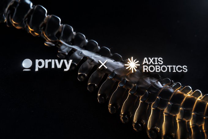 A promotional graphic featuring the Privy and Axis Robotics logos with an 'x' between them, set against an image of a metallic robotic spine or chain mechanism on a dark background.