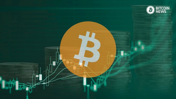 A green-toned financial graphic featuring a large golden Bitcoin coin superimposed over stacked coins and candlestick charts, with a "BITCOIN NEWS" logo in the upper right corner.