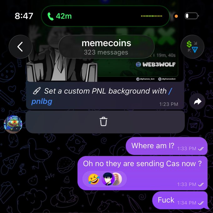 A mobile screenshot of a Telegram chat named 'memecoins' with 323 messages, showing a user setting a custom PNL background and a conversation where someone asks 'Where am I?' followed by 'Oh no they are sending Cas now?' and 'Fuck'.