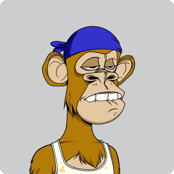 A cartoon illustration of a tired-looking monkey wearing a blue bandana and a stained white tank top, characteristic of the Bored Ape Yacht Club NFT style.