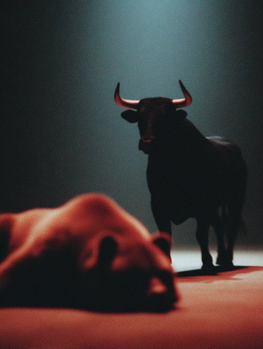 A dramatic dark photograph of a bull with glowing horns standing in shadow over what appears to be a fallen figure illuminated in red light.