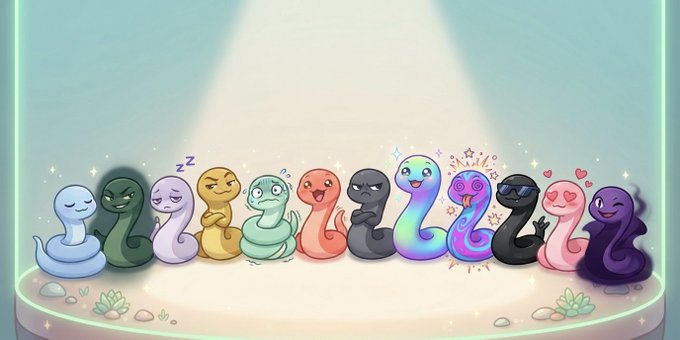 An illustration shows a group of cute, cartoonish blob and snake-like creatures lined up on a circular pedestal under a spotlight.