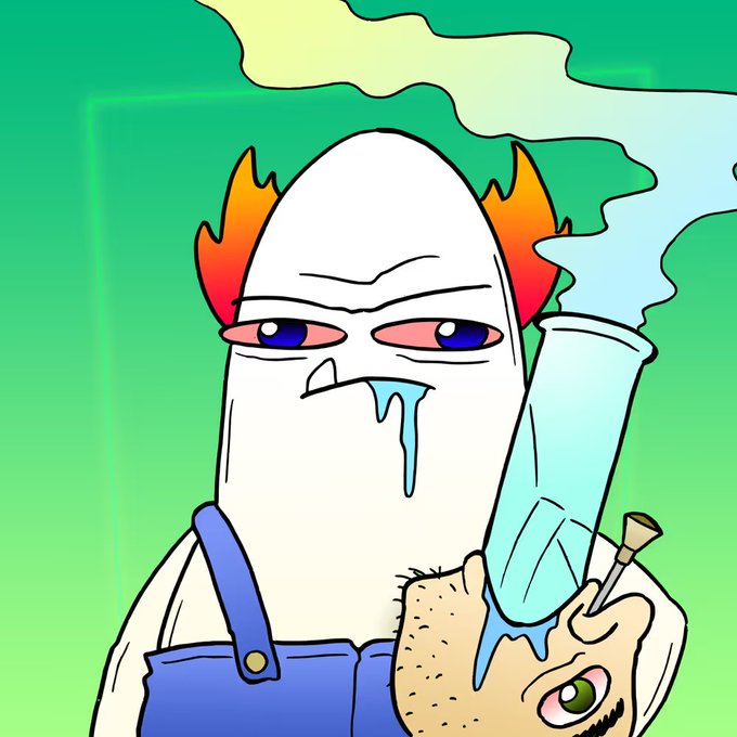 A cartoonish white creature with blue eyes, a runny nose, and red flame-like tufts on its head, wearing blue overalls and holding a smoking test tube containing a floating eye.