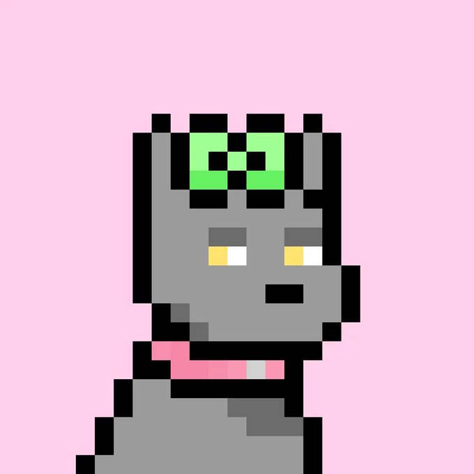 A pixel-art illustration depicts a gray dog with yellow eyes, a pink collar, and a bright green bow on its head against a solid light pink background.