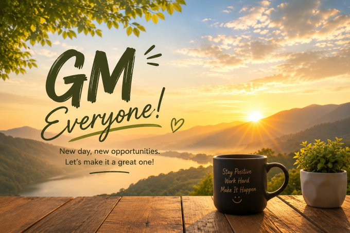 A 'GM Everyone!' graphic set against a sunrise mountain landscape, featuring a black mug reading 'Stay Positive Work Hard Make It Happen' and text saying 'New day, new opportunities. Let's make it a great one!'.