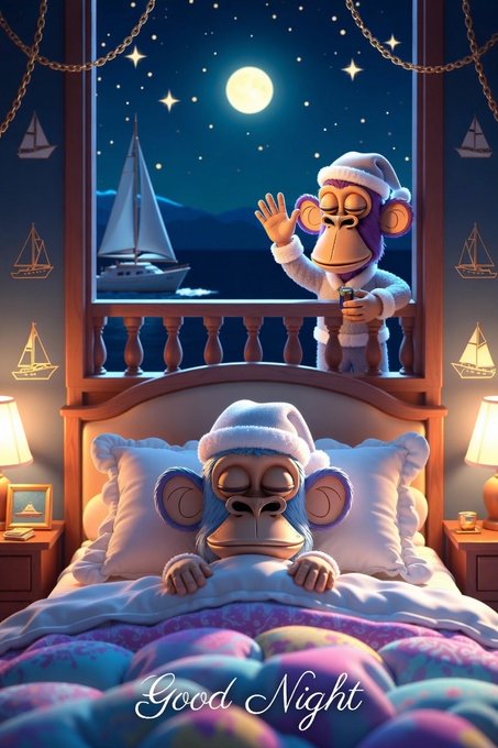 A whimsical 'Good Night' illustration featuring a blue monkey character wearing a nightcap, tucked into bed under a window with a moon and sailboat outside.