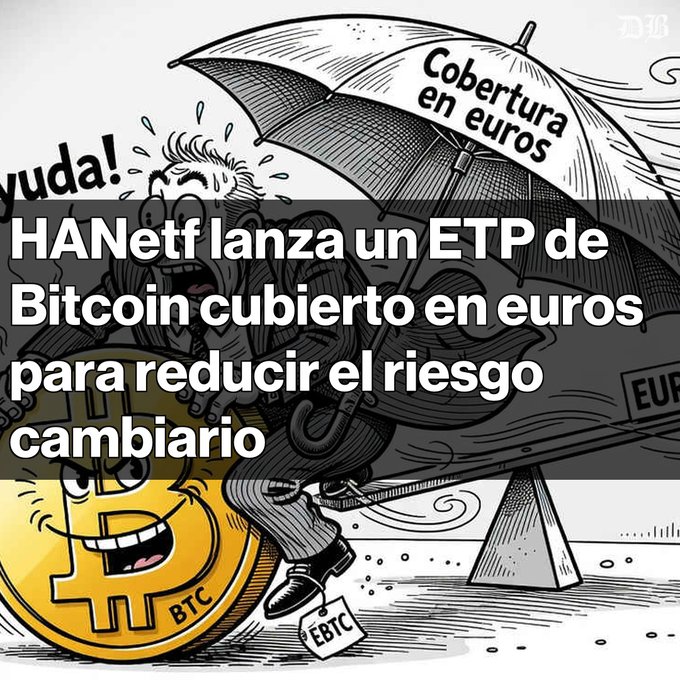 A cartoon graphic with a Bitcoin character and a person under an umbrella, with Spanish text reading: 'HANetf lanza un ETP de Bitcoin cubierto en euros para reducir el riesgo cambiario' (HANetf launches a Bitcoin ETP covered in euros to reduce exchange rate risk).