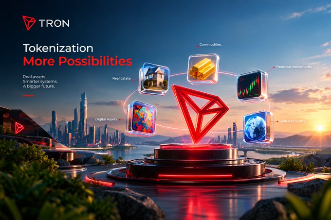 A promotional graphic for TRON cryptocurrency featuring the text 'Tokenization More Possibilities' alongside categories like Commodities, Real Estate, Digital Assets, Financial Instruments, and Global Economy.