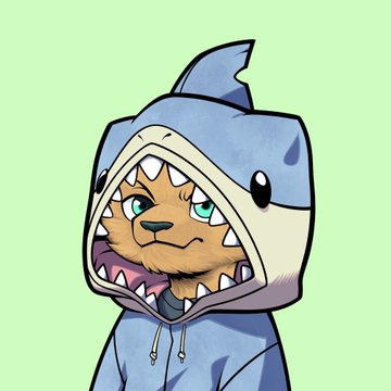 A digital drawing of a cute orange tabby cat wearing a blue shark hoodie, set against a solid light green background.