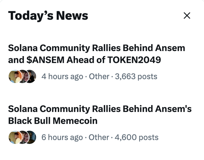 A "Today's News" feed showing two headlines about the Solana community rallying behind Ansem and the $ANSEM token ahead of TOKEN2049, with the top story posted 4 hours ago and the second 6 hours ago.
