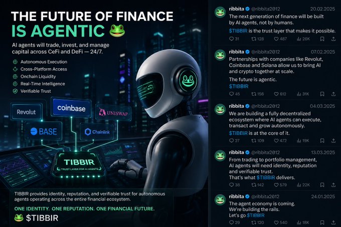 A promotional graphic for $TIBBIR (@ribbita2012) declares "THE FUTURE OF FINANCE IS AGENTIC," depicting a robot at a computer with logos for Revolut, Coinbase, Uniswap, Base, and Chainlink, alongside key features like "Autonomous Execution" and "Cross-Platform Access," and a thread preview about AI agents in CeFi and DeFi—reinforcing the post's excitement about getting in early on the project "to BILLIONS."