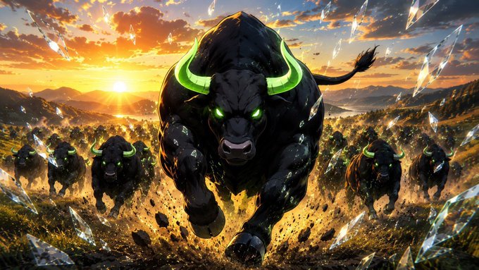 A herd of fierce black bulls with glowing green horns charges forward at sunset amid shattering crystal shards, symbolizing bullish market momentum. The powerful imagery aligns with the post's message of disciplined optimism toward $ANSEM.