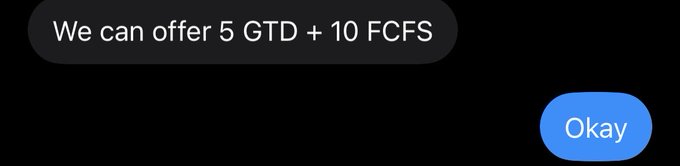 A screenshot of a text message conversation showing the offer "We can offer 5 GTD + 10 FCFS" with an "Okay" reply, relating to a social media post announcing secured whitelist spots for the @biwlsxyz NFT collection.