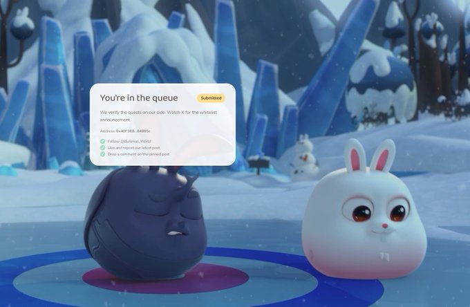 A screenshot of a virtual lobby with cartoonish characters, displaying a 'You're in the queue' message for an anime NFT mint with the address '0xKRP003_84886e'.