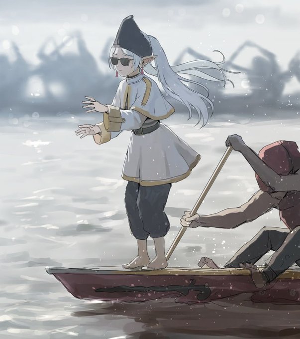 An elf-like character with white hair and sunglasses confidently stands on a small boat being paddled by another figure across calm waters, evoking a serene yet forward-moving mood. The "bullish" vibe matches the cool, optimistic stance of the character sailing ahead into the week.