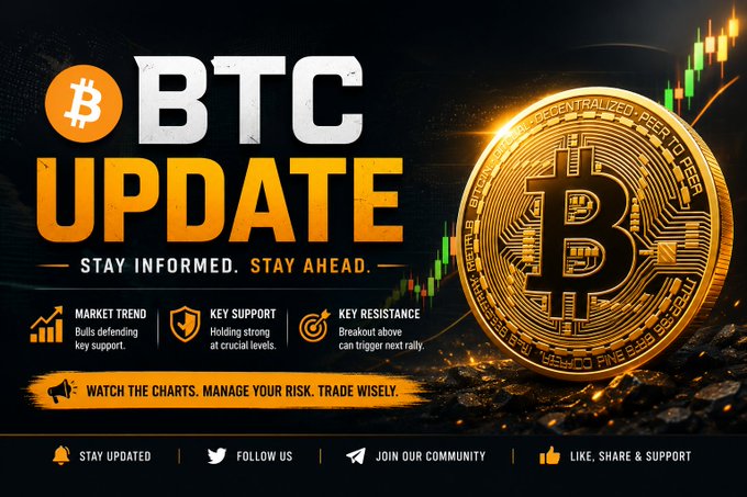 A promotional "BTC Update" graphic featuring a large golden Bitcoin coin alongside candlestick chart visuals, highlighting market trend, key support and resistance levels, with the tagline "Stay informed. Stay ahead." The image complements the post by visually reinforcing the technical analysis of Bitcoin's consolidation and the importance of monitoring key price levels for potential breakouts or pullbacks.
