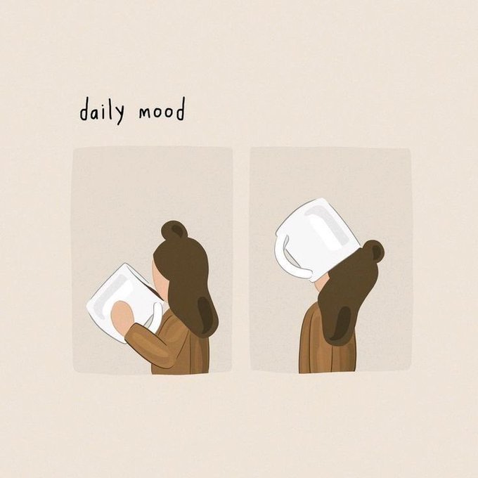 An illustration titled 'daily mood' showing a woman in two panels—one drinking from a large mug and another wearing the empty mug on her head.
