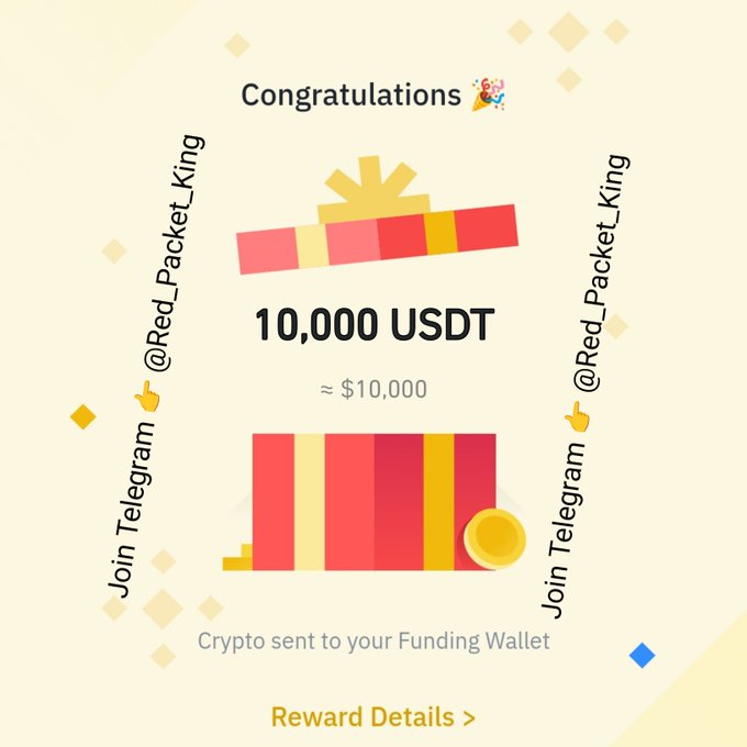 A digital congratulatory graphic showing a red packet reward of '10,000 USDT' (approximately $10,000) sent to a Funding Wallet, with instructions to 'Join Telegram @Red_Packet_King'.