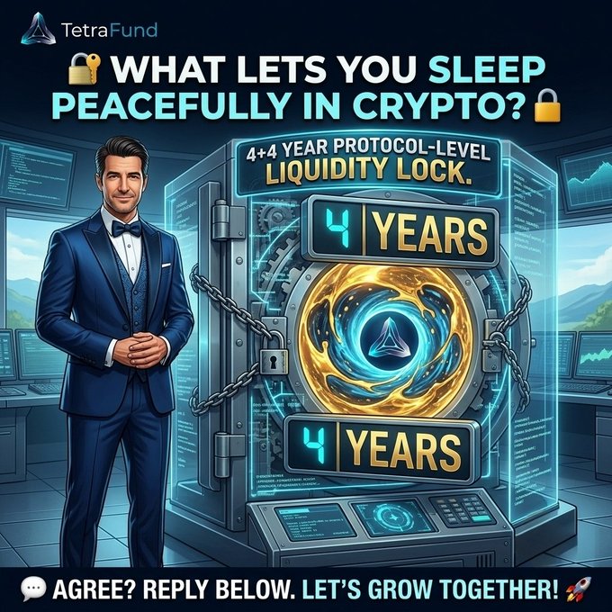 A TetraFund cryptocurrency promotional graphic asking 'WHAT LETS YOU SLEEP PEACEFULLY IN CRYPTO?' featuring a man in a suit next to a vault displaying '4 YEARS' of protocol-level liquidity lock.