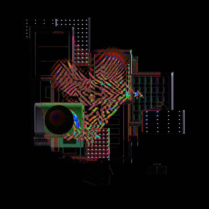 A glitchy, distorted digital artwork with chromatic aberration effects showing abstract geometric shapes and patterns against a black background.