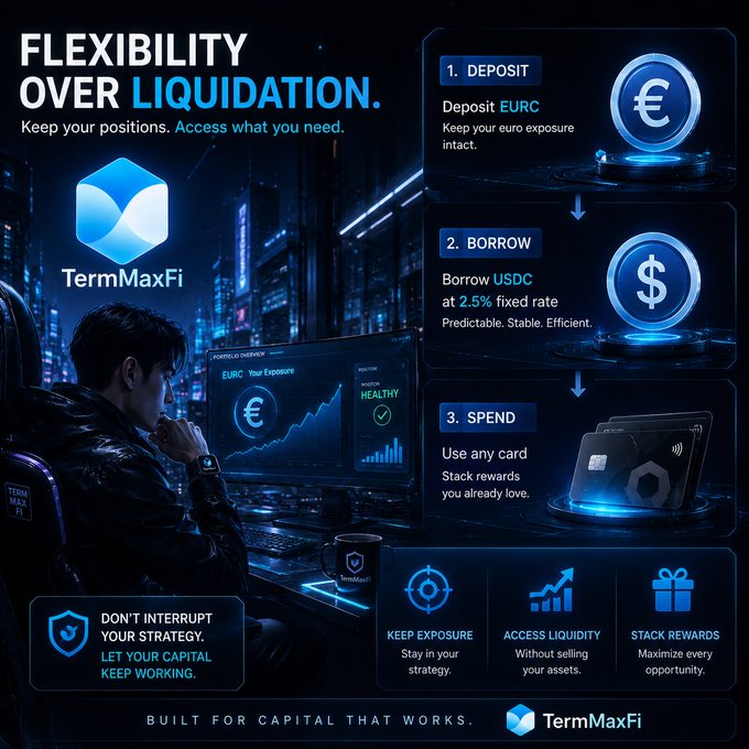 A promotional graphic for TermMaxFi with the tagline 'FLEXIBILITY OVER LIQUIDATION,' showing a three-step process (Deposit EURC, Borrow USDC, Spend) for accessing liquidity.