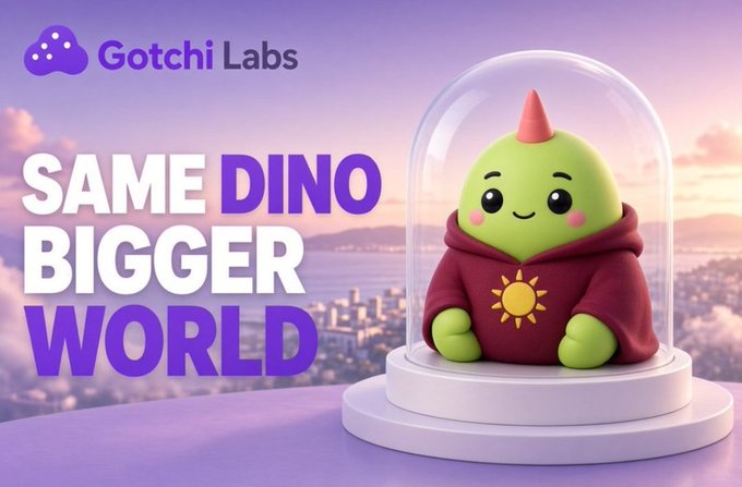 A promotional graphic for 'Gotchi Labs' shows a cute green dinosaur-like character in a red hoodie under a glass dome with the text 'SAME DINO BIGGER WORLD'.